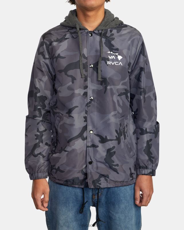 Clothing V84B795 black camo RVCA Men Island Hex Hooded Coaches Jacket