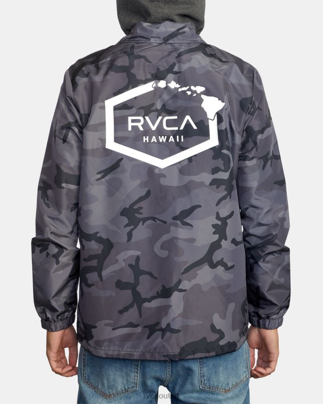 Clothing V84B795 black camo RVCA Men Island Hex Hooded Coaches Jacket