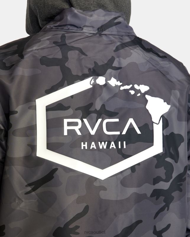 Clothing V84B795 black camo RVCA Men Island Hex Hooded Coaches Jacket