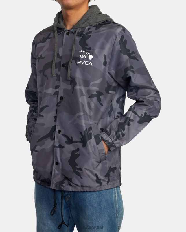 Clothing V84B795 black camo RVCA Men Island Hex Hooded Coaches Jacket