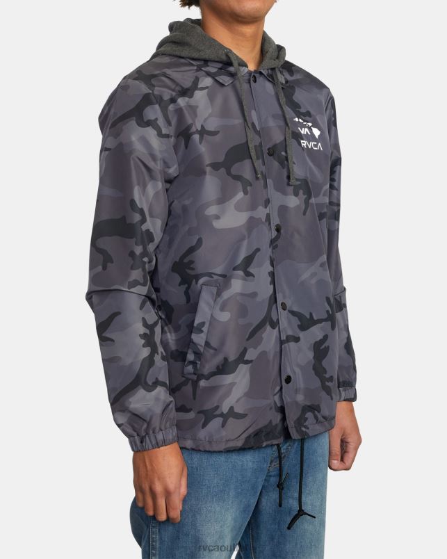 Clothing V84B795 black camo RVCA Men Island Hex Hooded Coaches Jacket