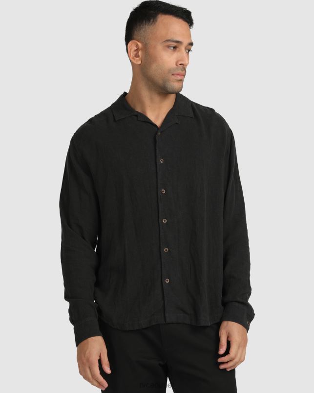 Clothing V84B1064 black RVCA Men Beat Long Sleeve Button-Down Shirt