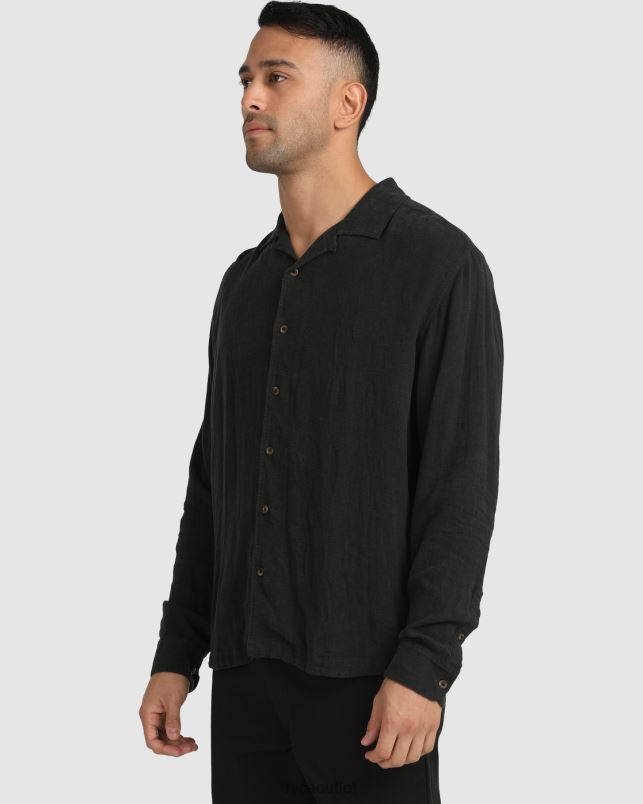 Clothing V84B1064 black RVCA Men Beat Long Sleeve Button-Down Shirt