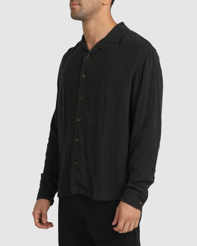 Clothing V84B1064 black RVCA Men Beat Long Sleeve Button-Down Shirt