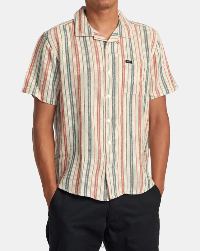 Clothing V84B141 khaki RVCA Men Satellite Stripe Short Sleeve Shirt