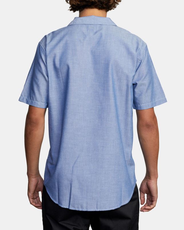Clothing V84B336 blue chambray RVCA Men Recession Collection Day Shift Short Sleeve Shirt