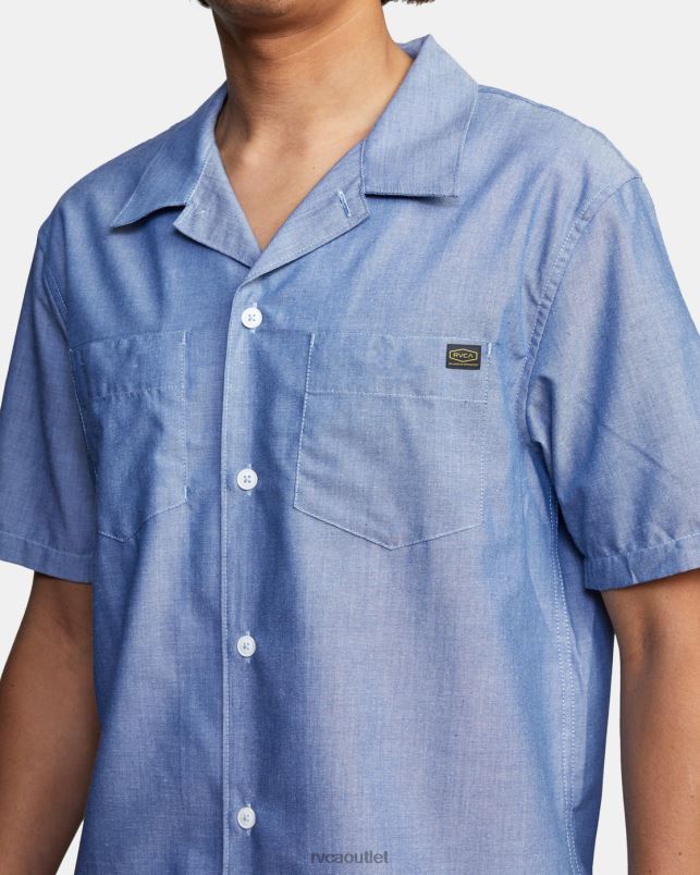 Clothing V84B336 blue chambray RVCA Men Recession Collection Day Shift Short Sleeve Shirt