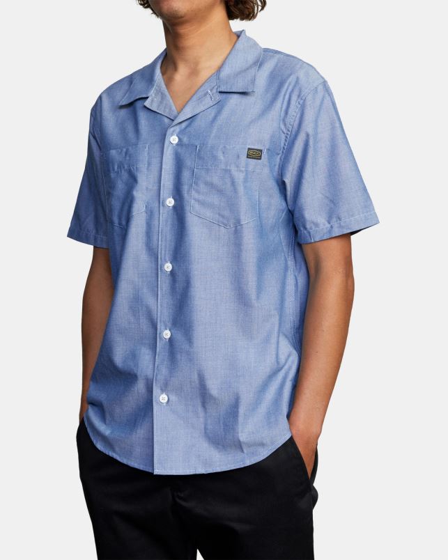 Clothing V84B336 blue chambray RVCA Men Recession Collection Day Shift Short Sleeve Shirt