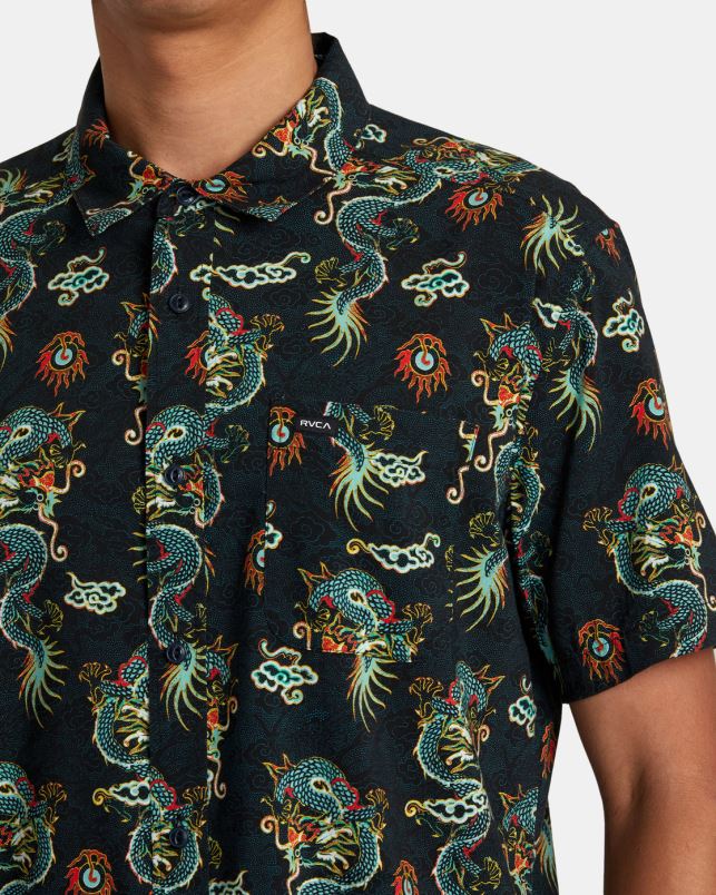 Clothing V84B88 black RVCA Men Neon Dragon Short Sleeve Shirt