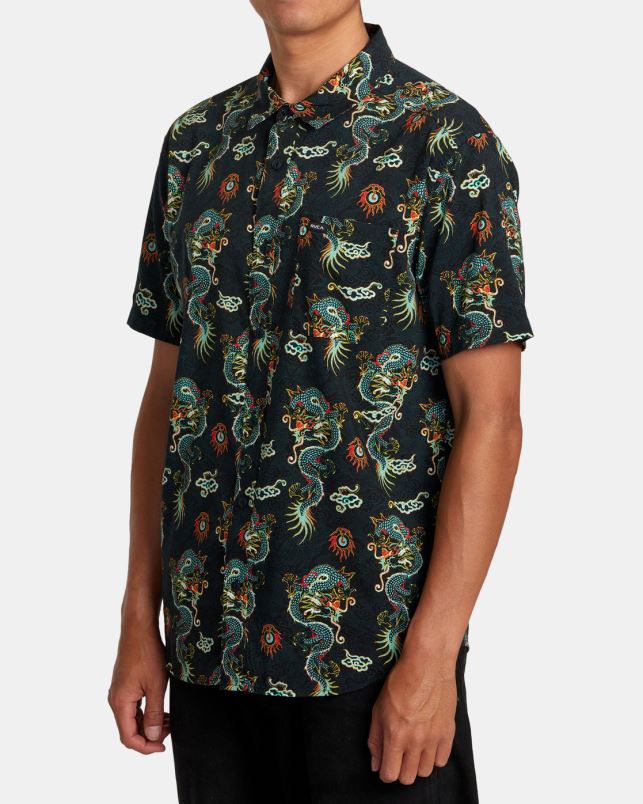 Clothing V84B88 black RVCA Men Neon Dragon Short Sleeve Shirt