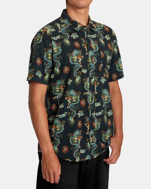 Clothing V84B88 black RVCA Men Neon Dragon Short Sleeve Shirt