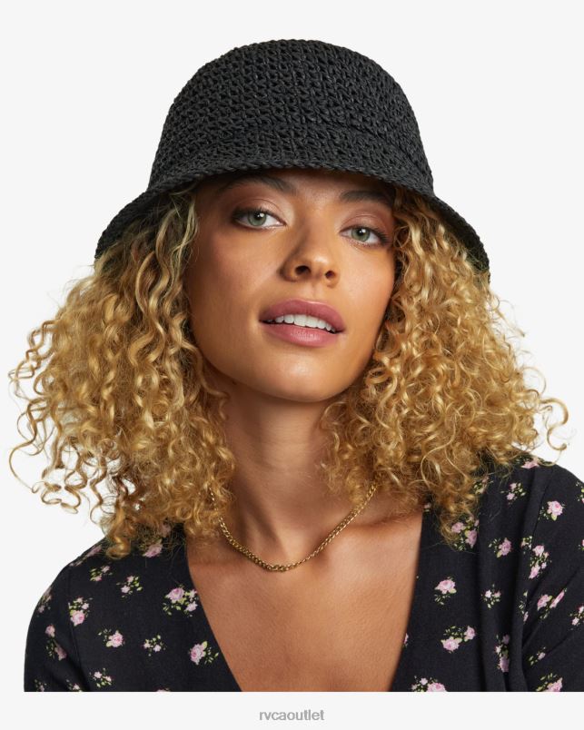 Accessories V84B1076 black RVCA Women Laguna Straw Bucket Hat