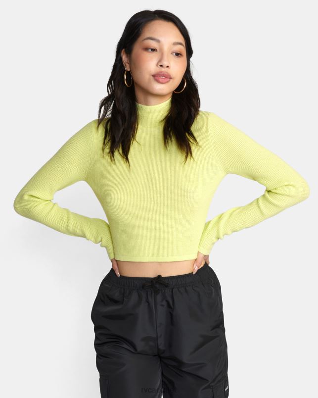 Clothing V84B1673 lime yellow RVCA Women Apres Sweater Long Sleeve Crop Top