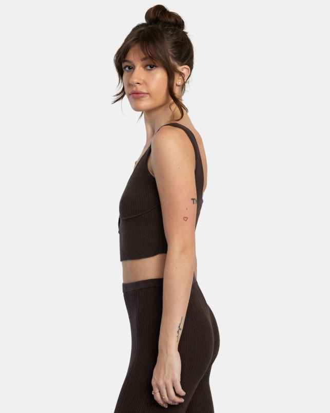 Clothing V84B1434 java RVCA Women Swerve Henley Rib Knit Crop Top