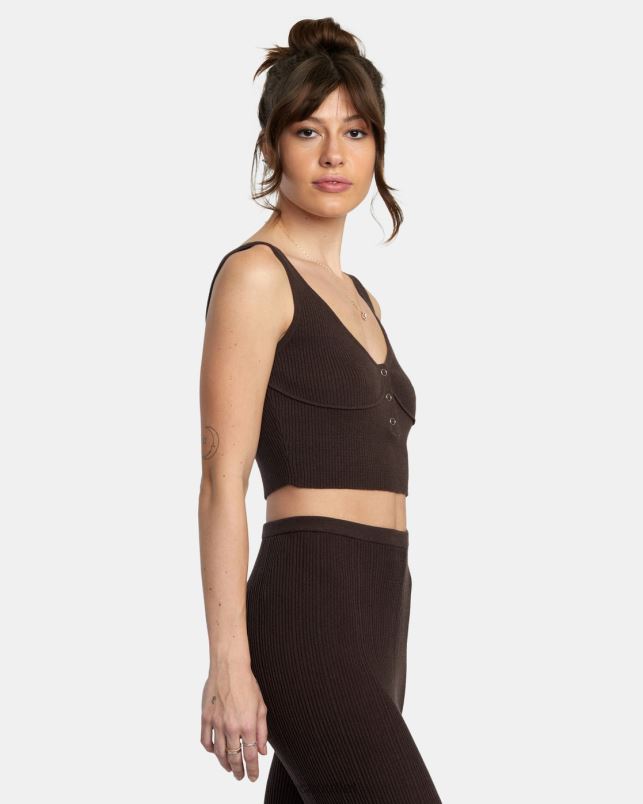 Clothing V84B1434 java RVCA Women Swerve Henley Rib Knit Crop Top