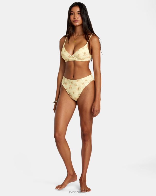 Swim V84B1244 golden RVCA Women Cottage Wide Rib Cheeky Bikini Bottoms