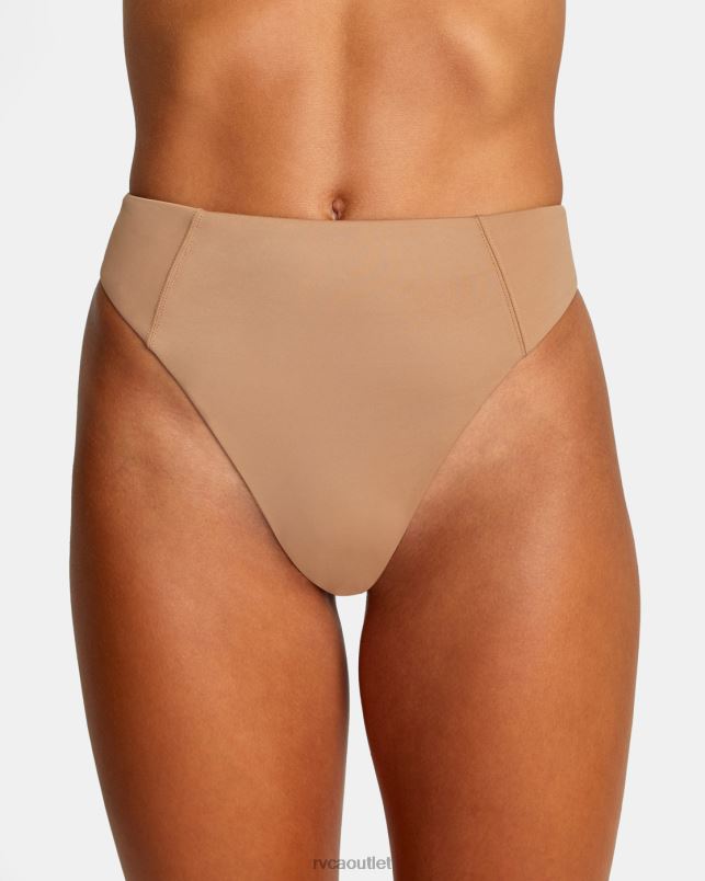 Swim V84B1349 wood RVCA Women Solid High Rise Cheeky Bikini Bottoms